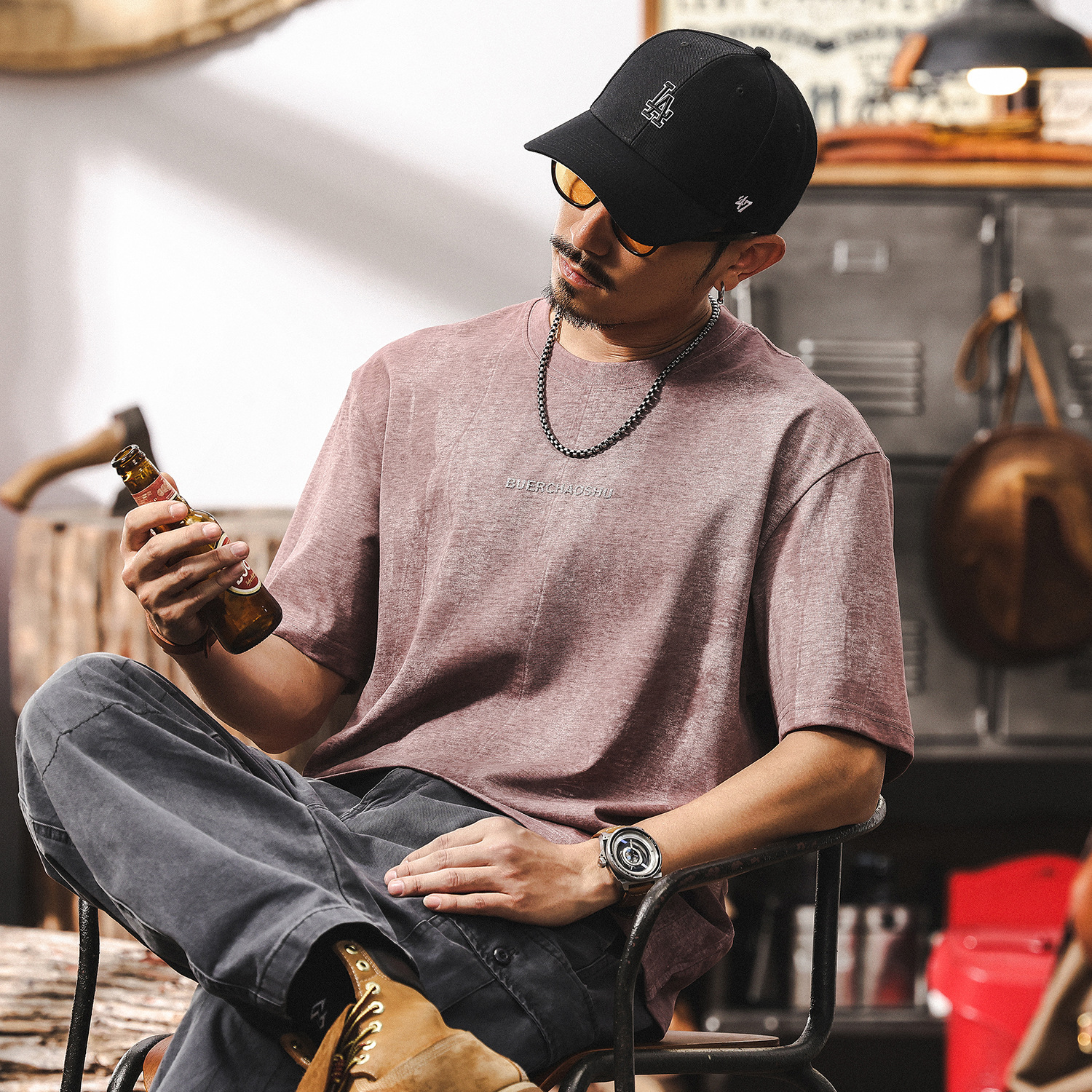 多巴胺粉色高級感短袖T恤男夏季美式潮牌2025新款潮流寬鬆上衣男