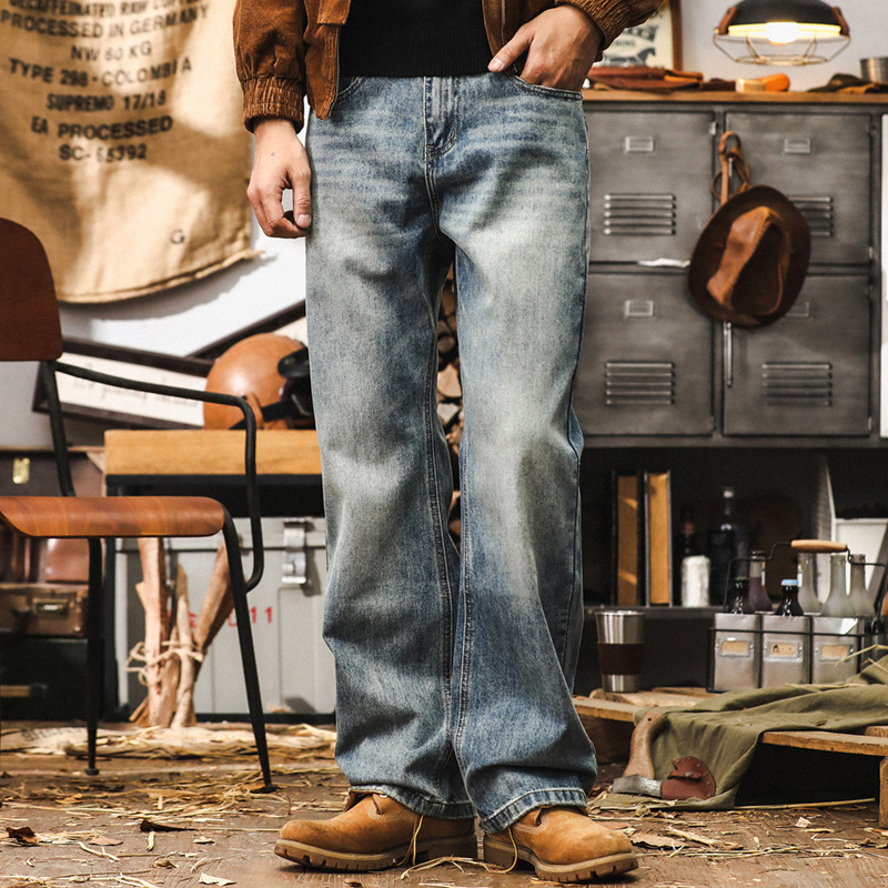 美式復古直筒牛仔褲男秋季2024新款寬鬆褲子男微喇經典水洗休閒褲