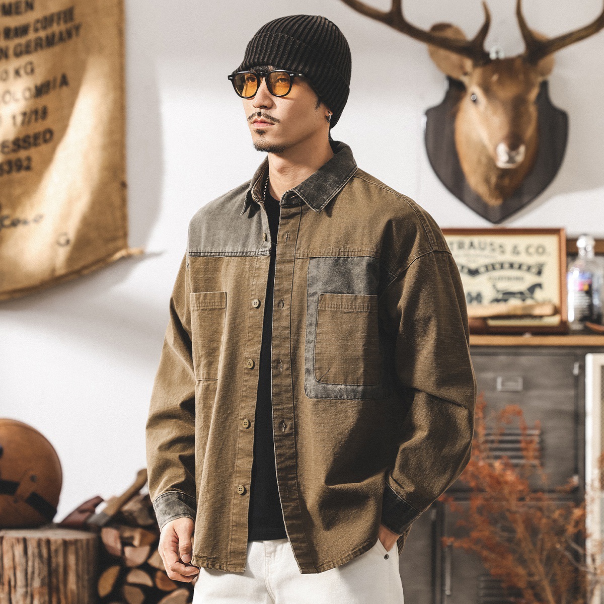 美式復古做舊工裝襯衫外套男春秋2025新款潮牌拼接寬鬆長袖襯衣男