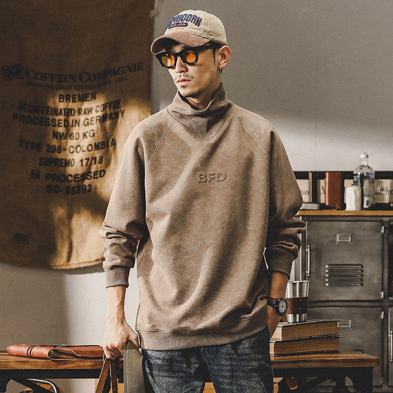 杰雷諾美式重磅衛衣男秋冬款高領紮染復古立體鋼印加絨外套男冬季