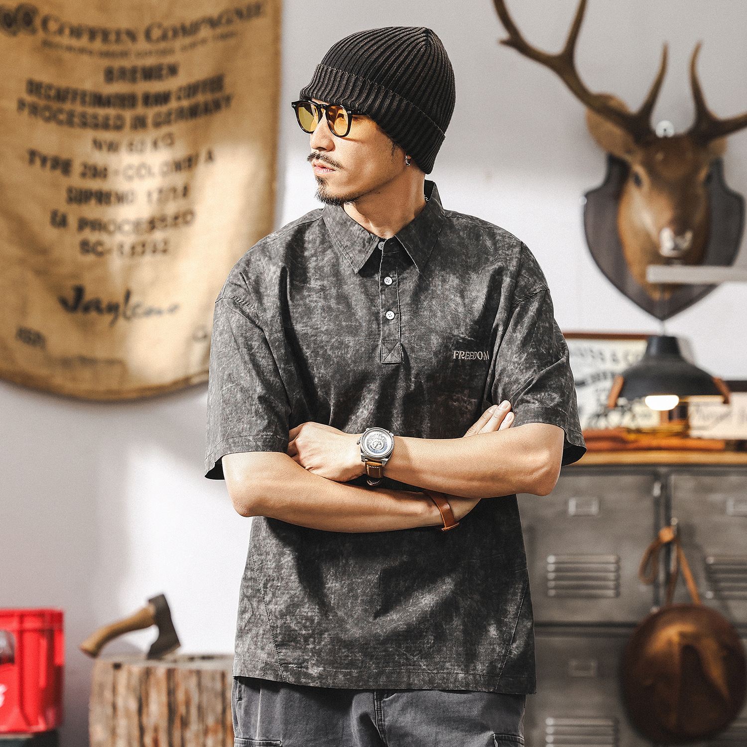 美式扎染水洗polo衫男夏季短袖潮牌高級感痞帥寬鬆刺繡翻領T恤男