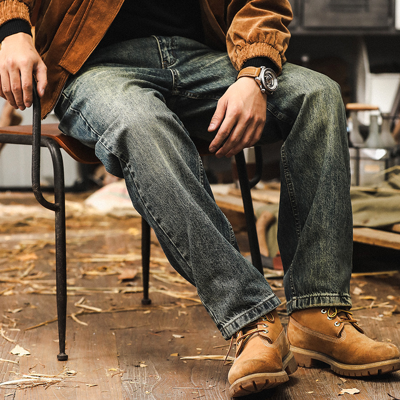 美式重磅復古牛仔褲男款秋季寬鬆直筒休閒褲子男潮流做舊水洗男褲