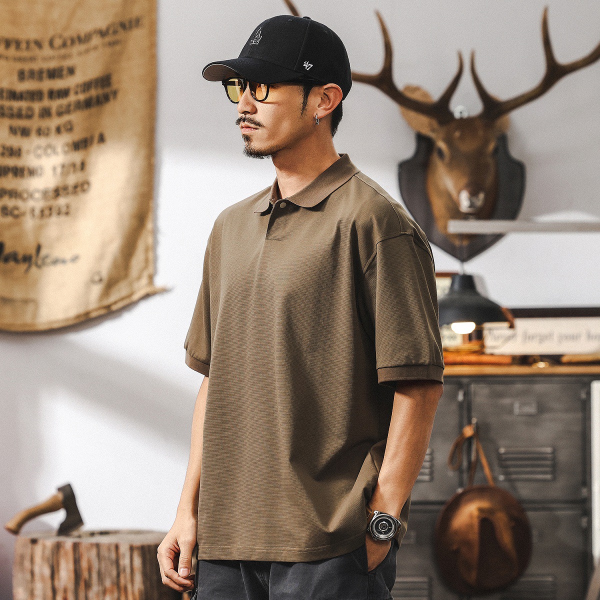 美式復古華夫格肌理短袖男夏季索羅娜涼感T恤潮牌高級感POLO衫男