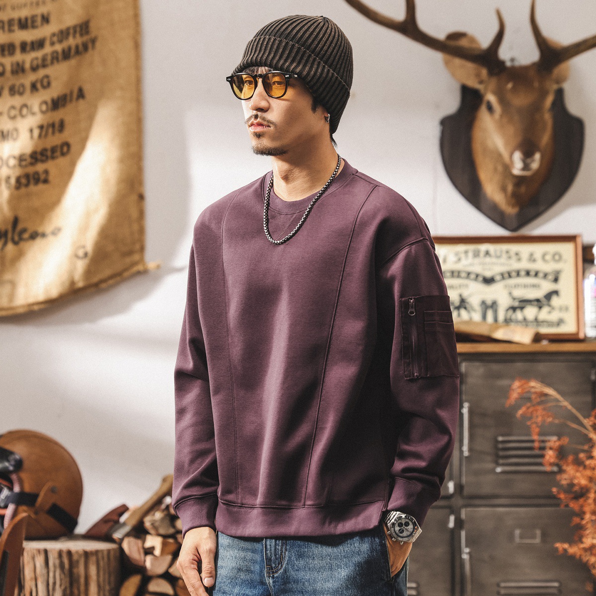 美式復古衛衣男春秋2025潮牌寬鬆大碼男裝拼接口袋潮流秋季上衣男