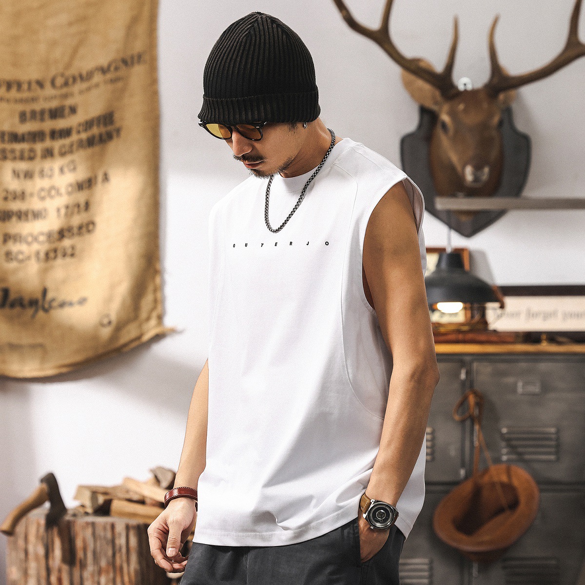 索羅娜涼感無袖T恤男夏季潮牌發泡印花寬鬆男士運動健身坎肩背心