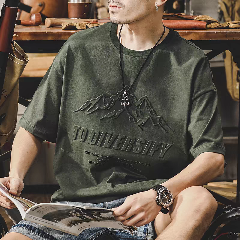 美式重磅t恤男短袖夏季潮流ins鋼印立體山系寬鬆大碼男裝純棉體恤