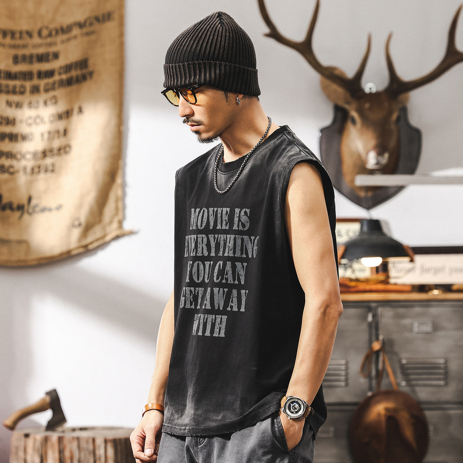 美式復古水洗運動健身坎肩背心男夏季2025新款潮流寬鬆無袖T恤男