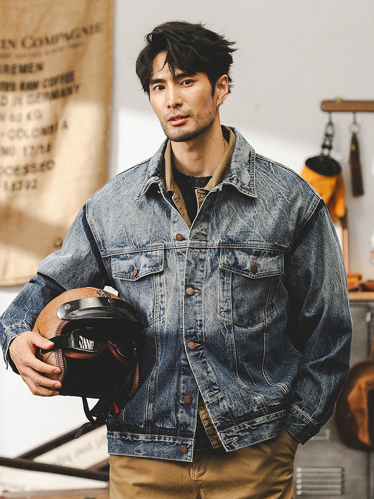 美式重磅漸變牛仔外套男春秋款潮流複古紮花寬松休閑男士工裝夾克