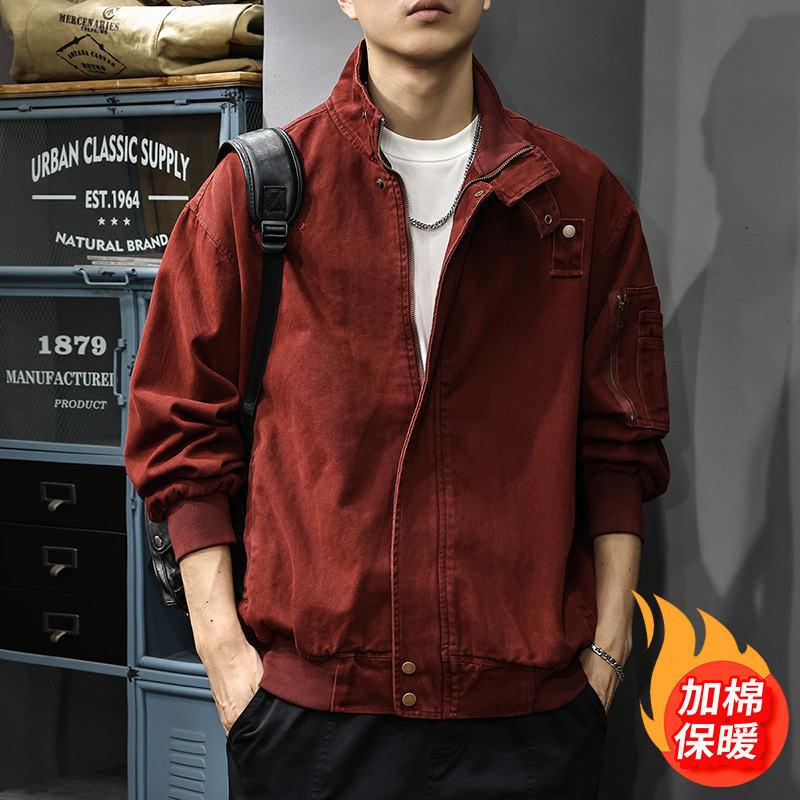 秋冬新款立領加棉工裝夾克男復古刺繡美式休閒獵裝寬鬆外套上衣潮