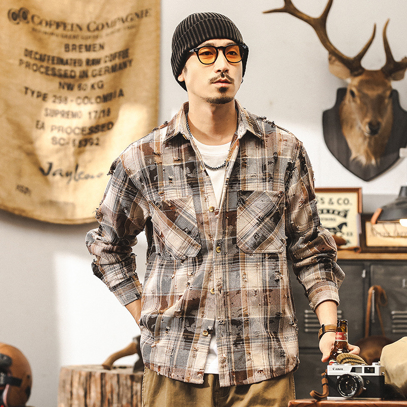 美式重磅復古色織格子襯衫男秋季潮牌破洞設計感寬鬆痞帥襯衣外套
