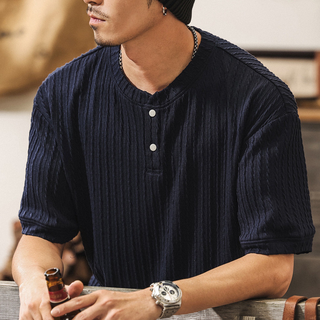 美式復古老錢風亨利領短袖Polo衫男款夏季潮牌豎紋扭花針織T恤男