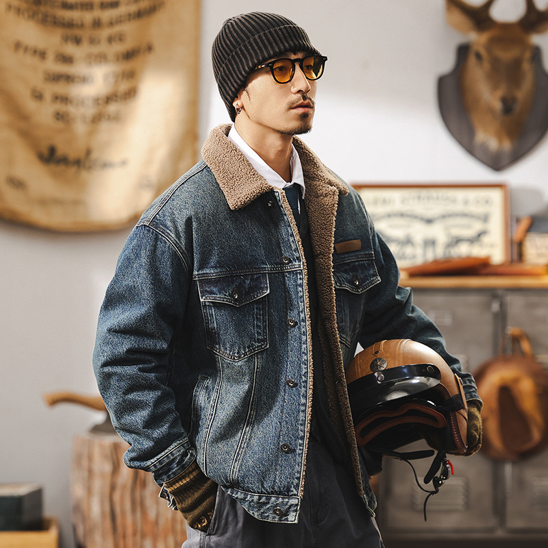 美式復古羊羔絨牛仔外套男冬季加厚棉衣男士夾克棉服男款冬天棉襖