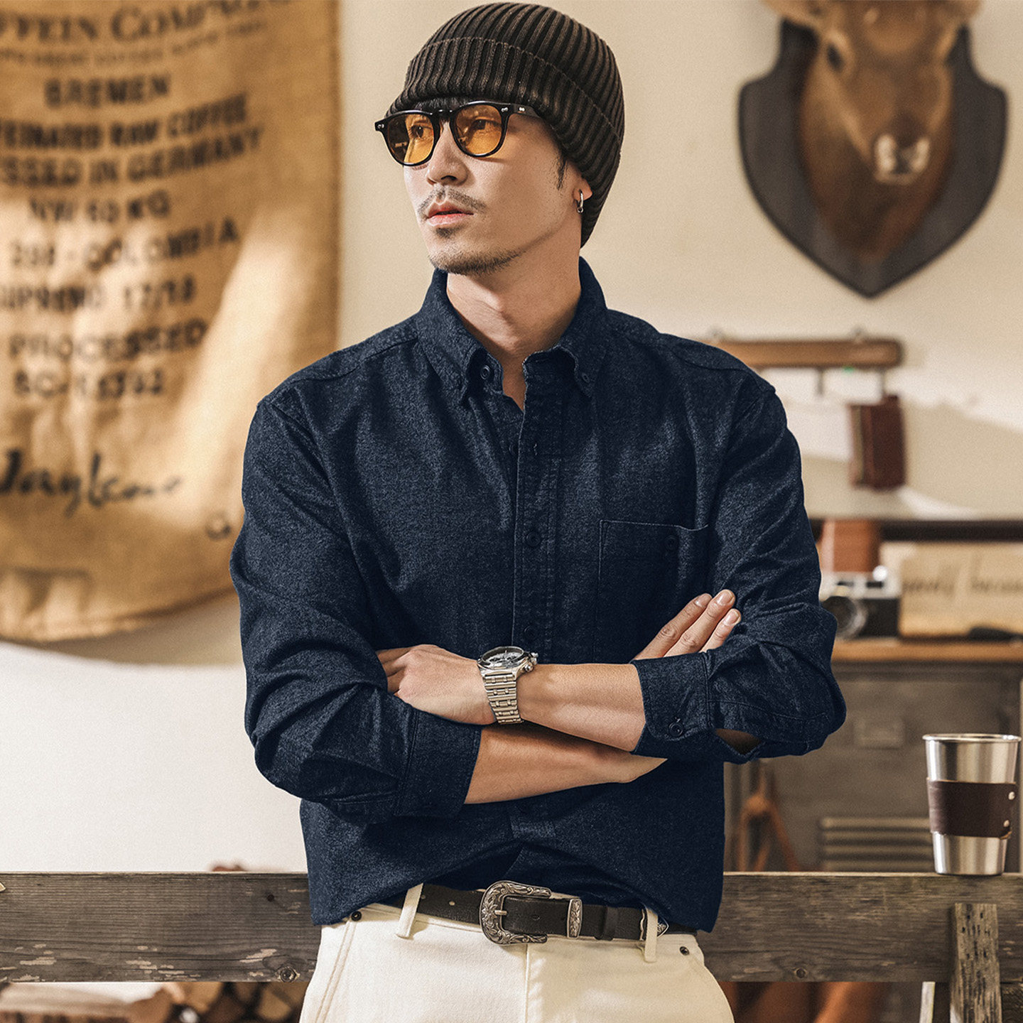 美式復古春季襯衫男長袖2026新款休閒潮牌寬鬆襯衣男春裝外套