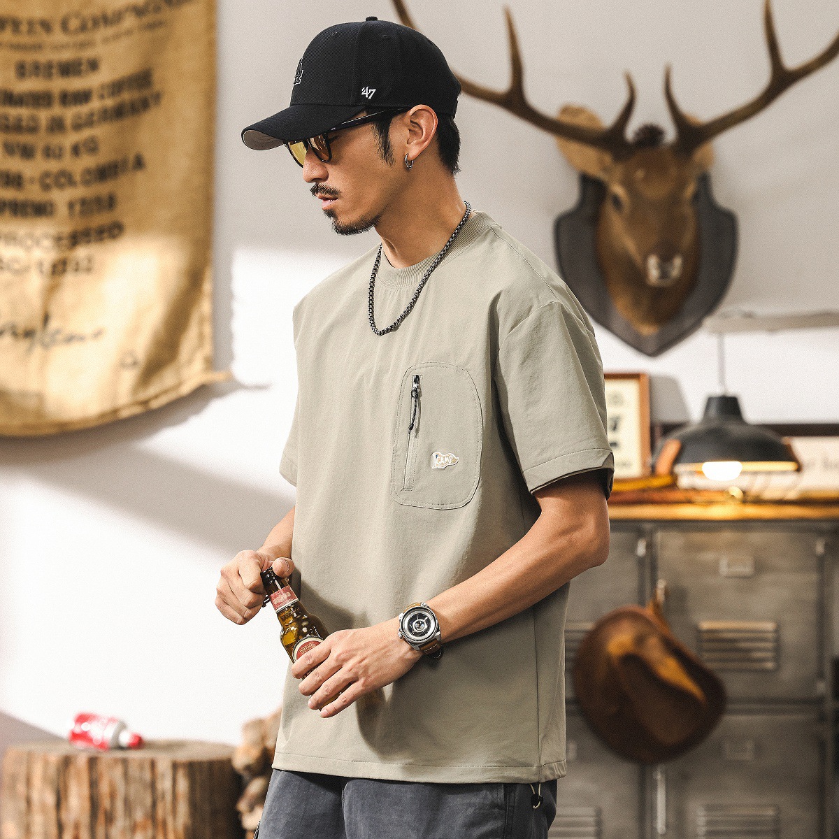 運動輕薄速幹短袖男款夏季寬鬆男士T恤潮牌戶外機能口袋男士上衣