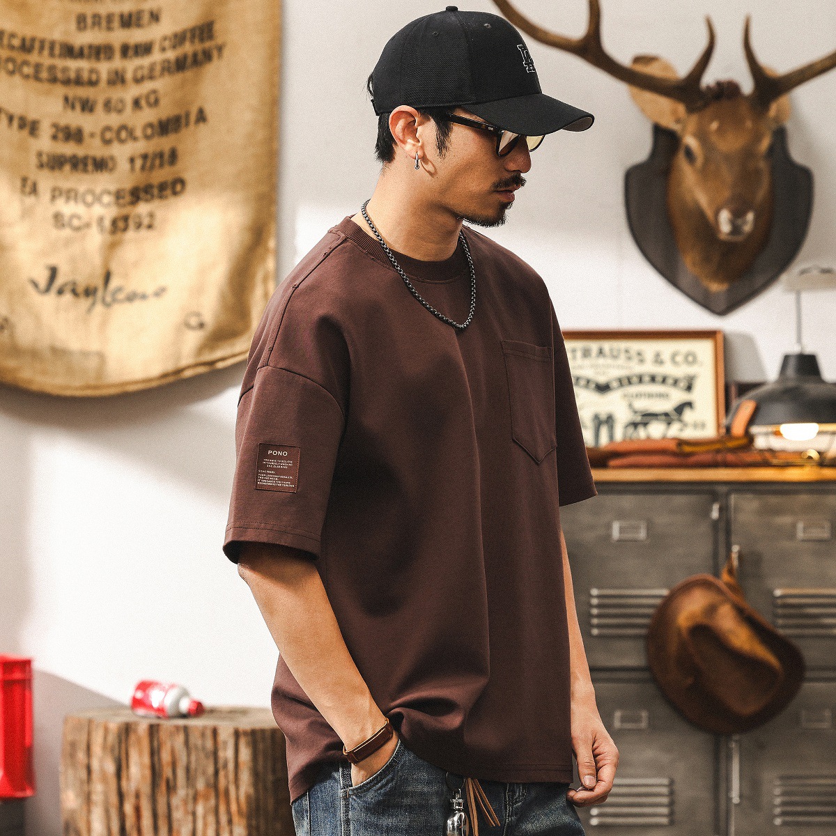 美式復古300g重磅短袖男士T恤夏季潮牌深褐色做舊水洗半截袖體恤