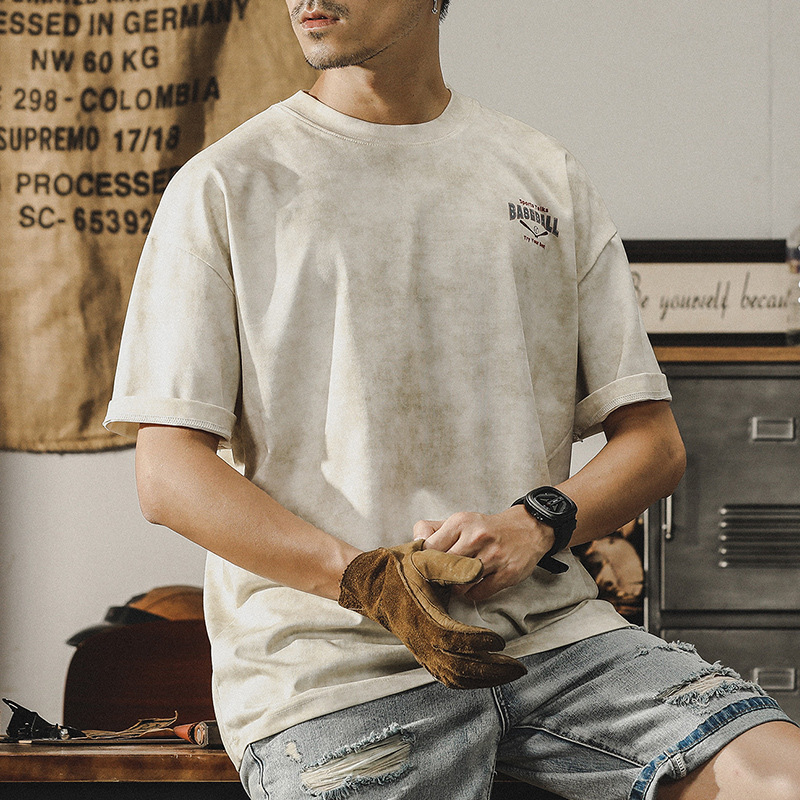 杰雷諾涼感清爽短袖T恤男夏季寬鬆大碼雲染洗褪美式復古休閒上衣