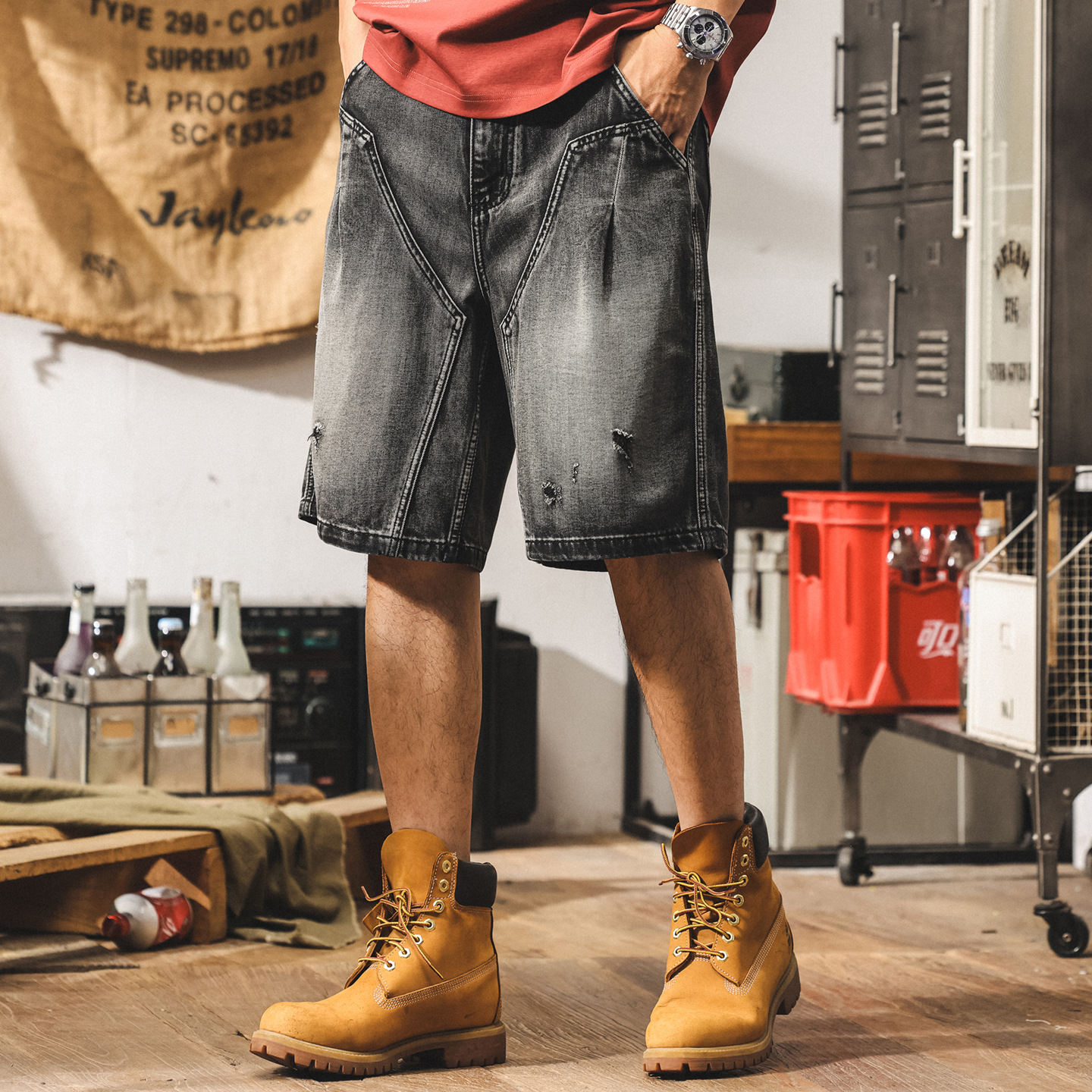 夏季新款破洞牛仔短褲男寬鬆大碼美式高街潮牌五分褲男士休閒中褲