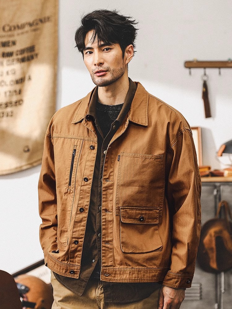 美拉德復古重磅魚骨紋工裝夾克男秋季美式潮牌硬漢獵裝外套男春秋