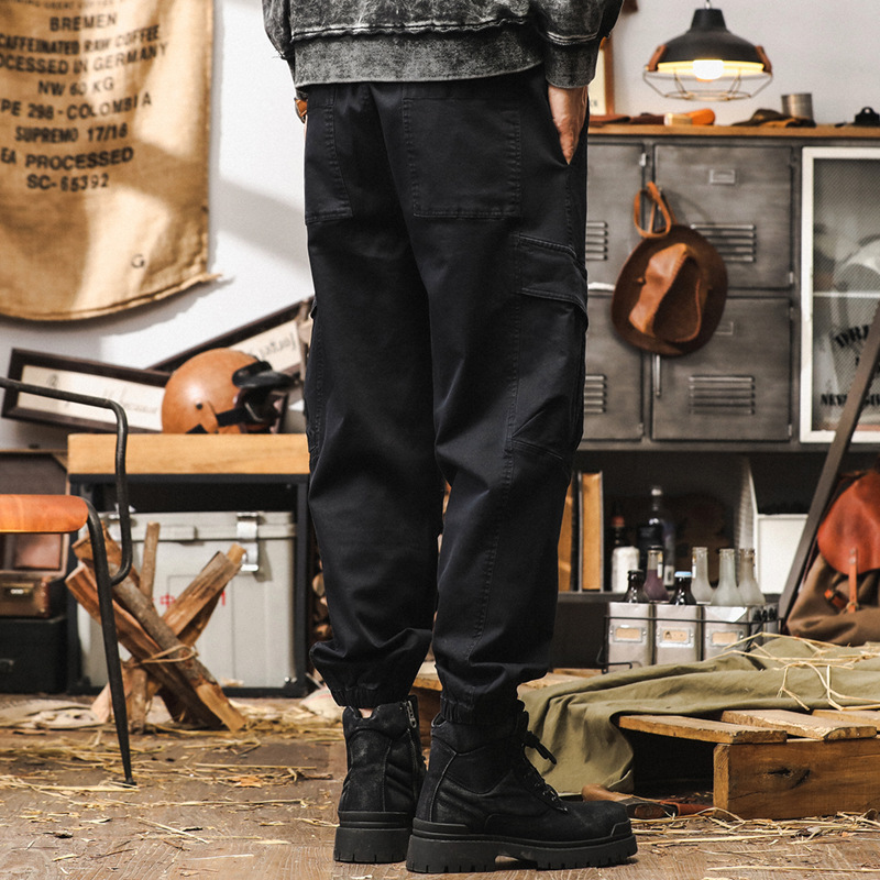 美式復古戶外工裝褲男秋季潮牌多口袋寬鬆束腳休閒褲男士黑色褲子