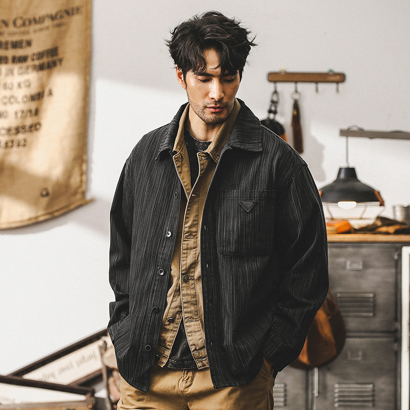 美式複古竹節紋襯衫男長袖高級感潮牌寬松休閑襯衣外套男款春秋季