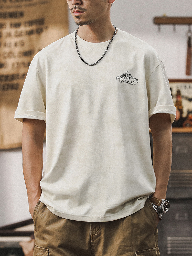 冰感抗皺速乾短袖T恤男夏季美式山系印花上衣雲染洗褪寬鬆男體恤