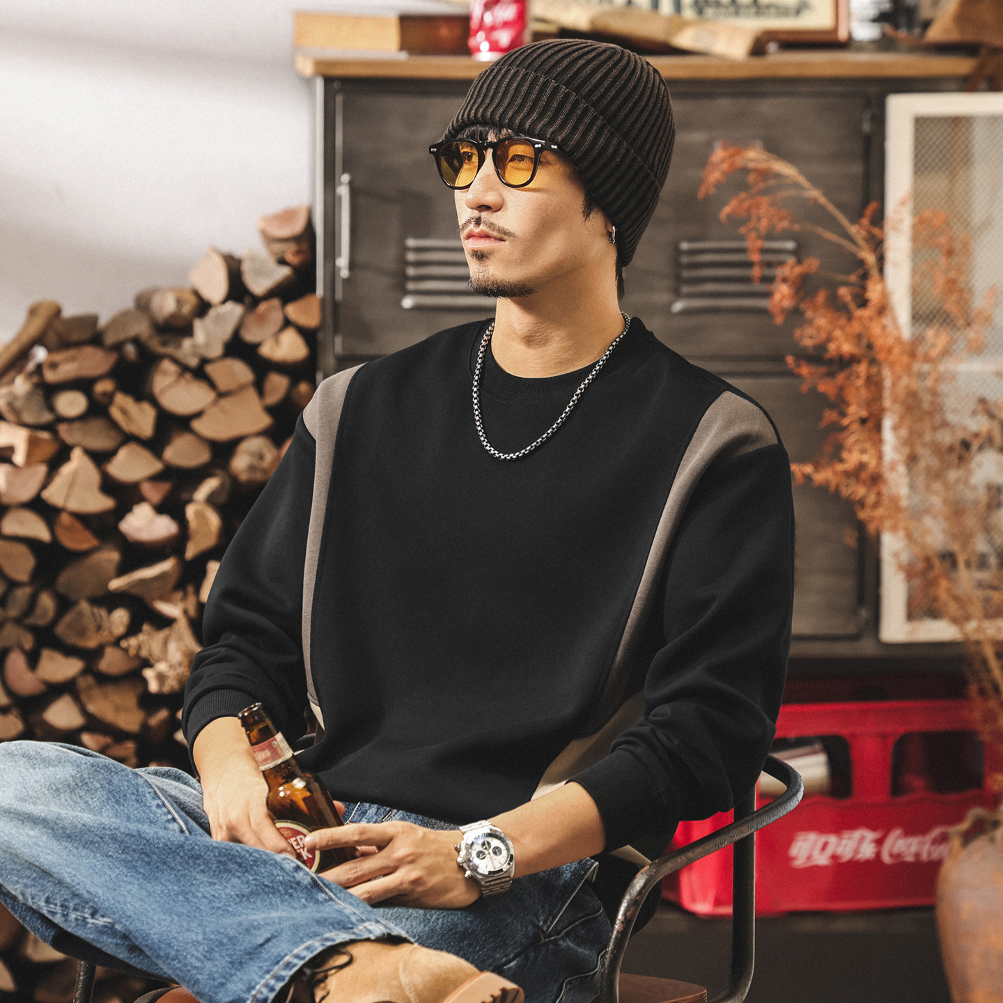 美式復古重磅男士衛衣2025新款春秋圓領寬鬆大碼男裝秋季拼色上衣