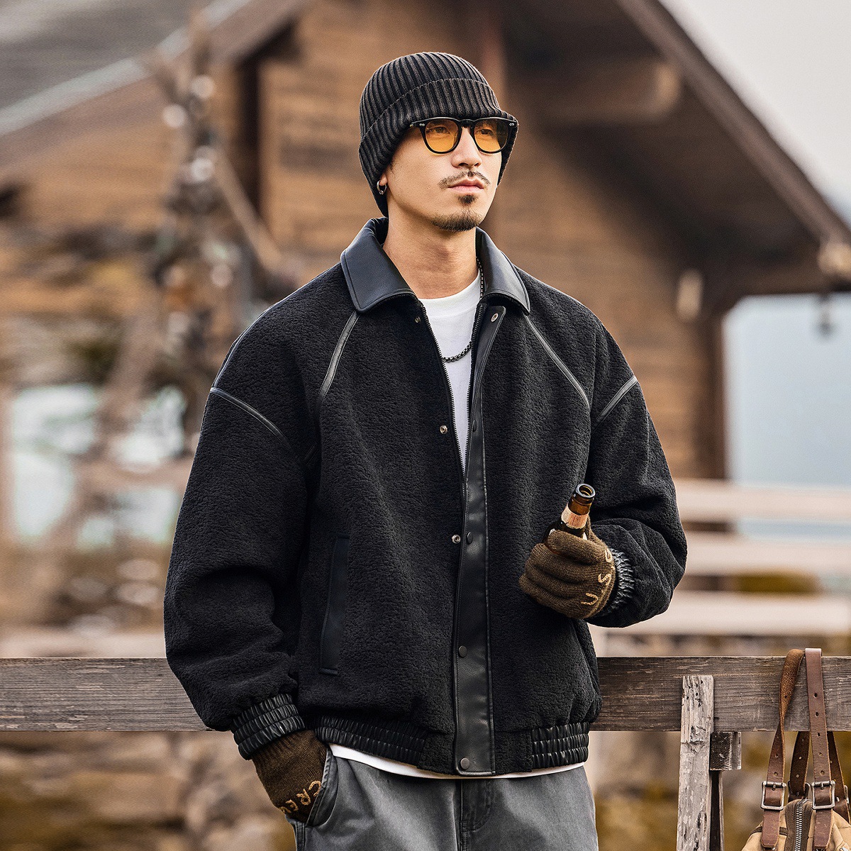 美式復古90純白鴨絨冬季羽絨服男新款潮流加厚保暖搖粒絨皮衣外套