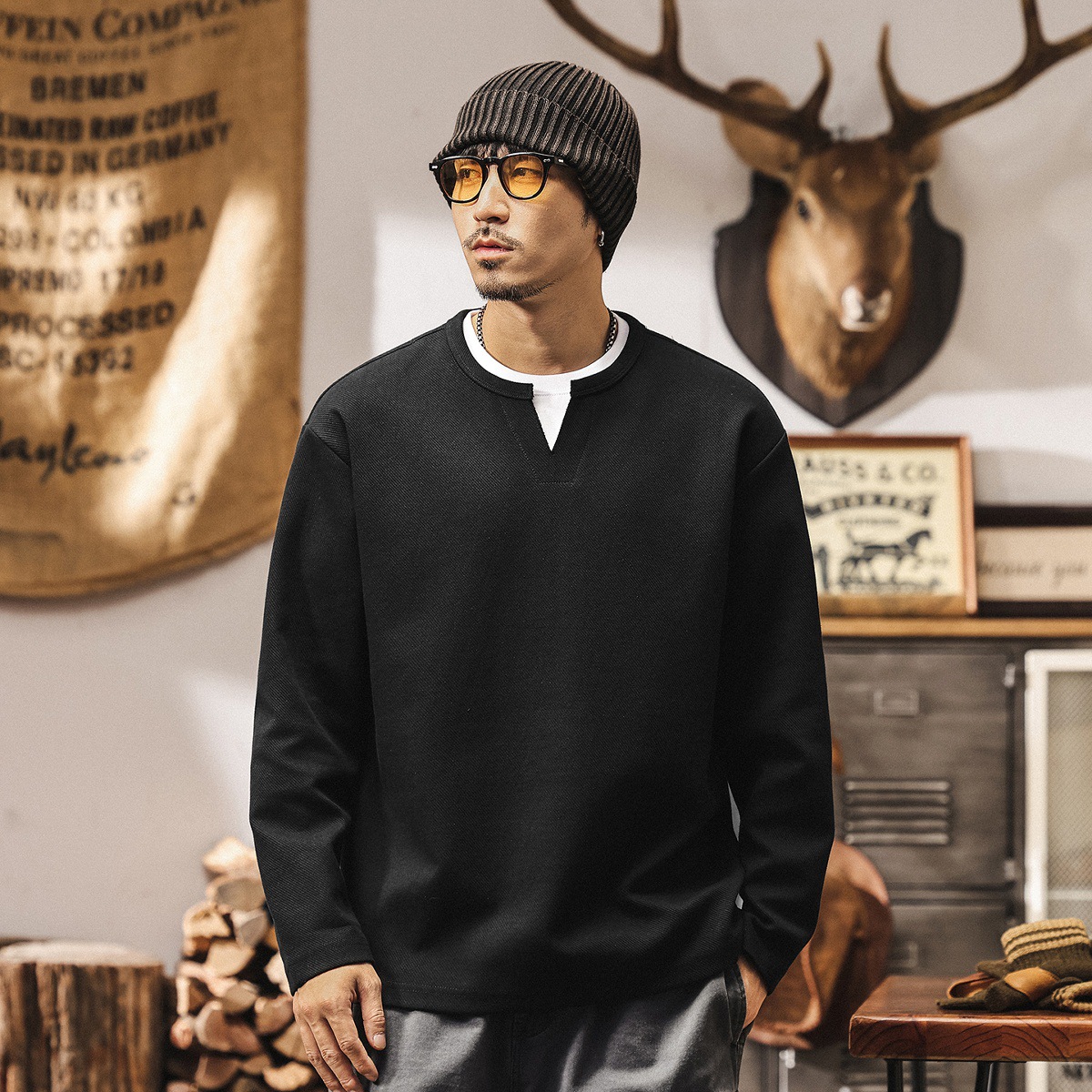 美式復古假兩件衛衣男秋季新款寬鬆大碼潮牌380g重磅T恤男士上衣