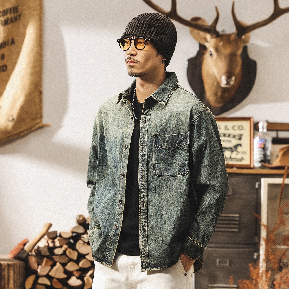 美式懷舊復古水洗牛仔襯衫男秋季新款潮流長袖襯衣男春秋寬鬆外套