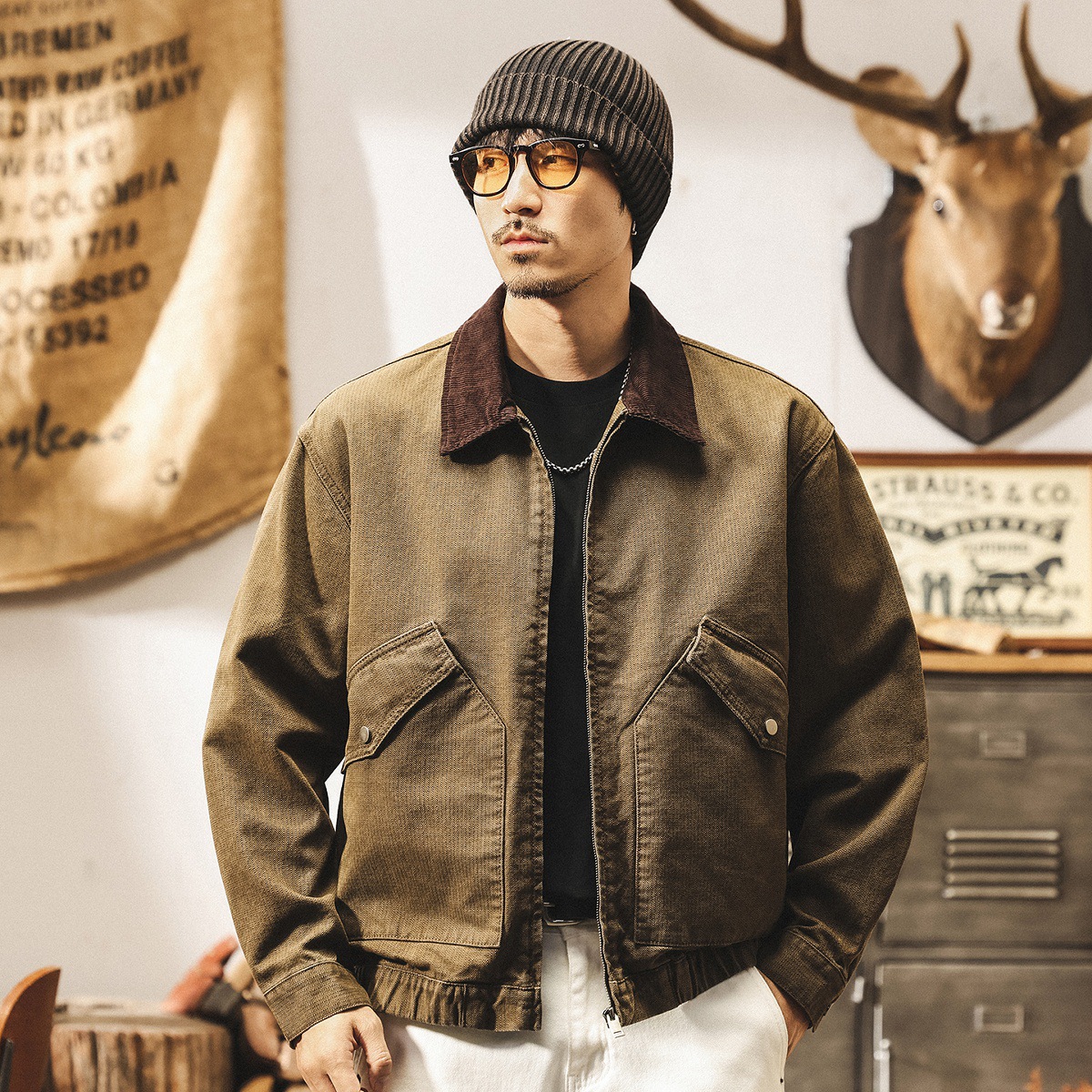 美式復古工裝夾克男春秋2025新款寬鬆潮牌美拉德咖色外套男款秋季