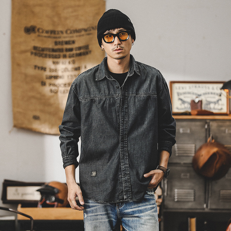 美式重磅復古牛仔襯衫男長袖高級感潮牌寬鬆男士工裝襯衣春季外套