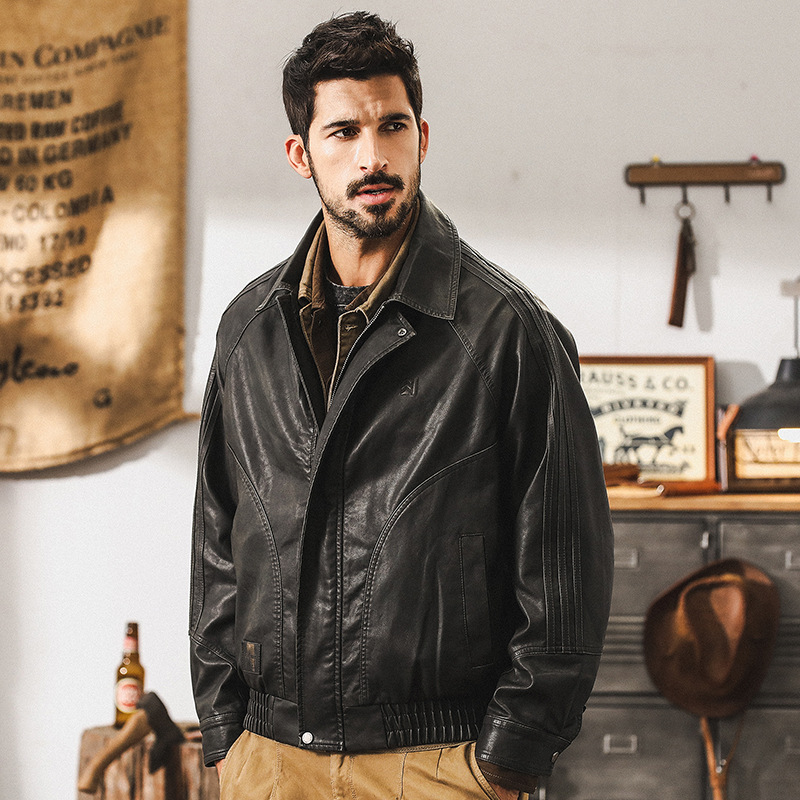 美式經典復古軟皮衣外套男秋冬季加絨機車服硬漢帥氣飛行夾克男款