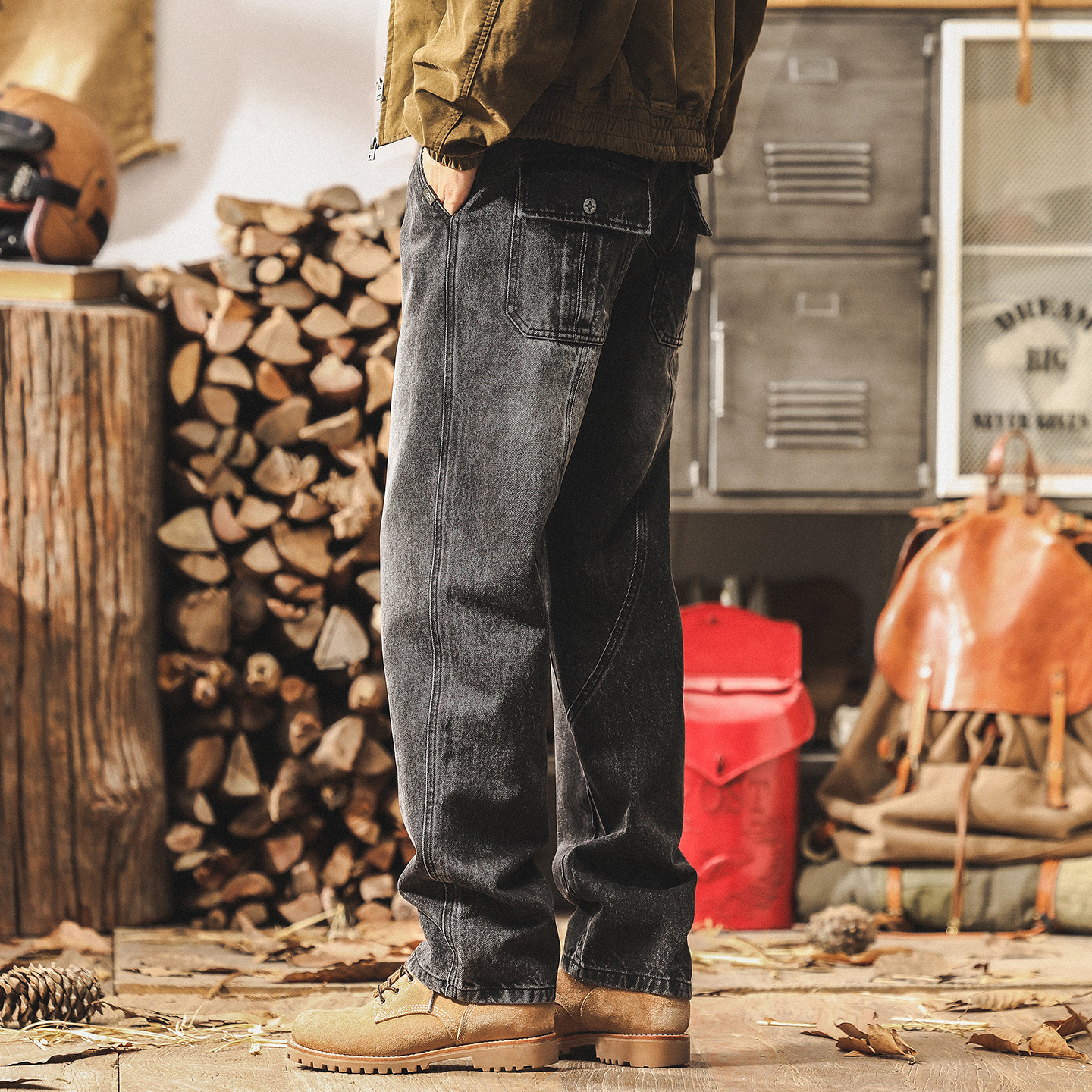 美式復古水洗工裝褲子男直筒牛仔褲男秋季新款潮牌痞帥寬鬆休閒褲