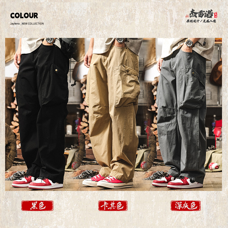 美式復古卡其色彎刀工裝褲子男夏季新款潮牌直筒闊腿褲松休閒長褲