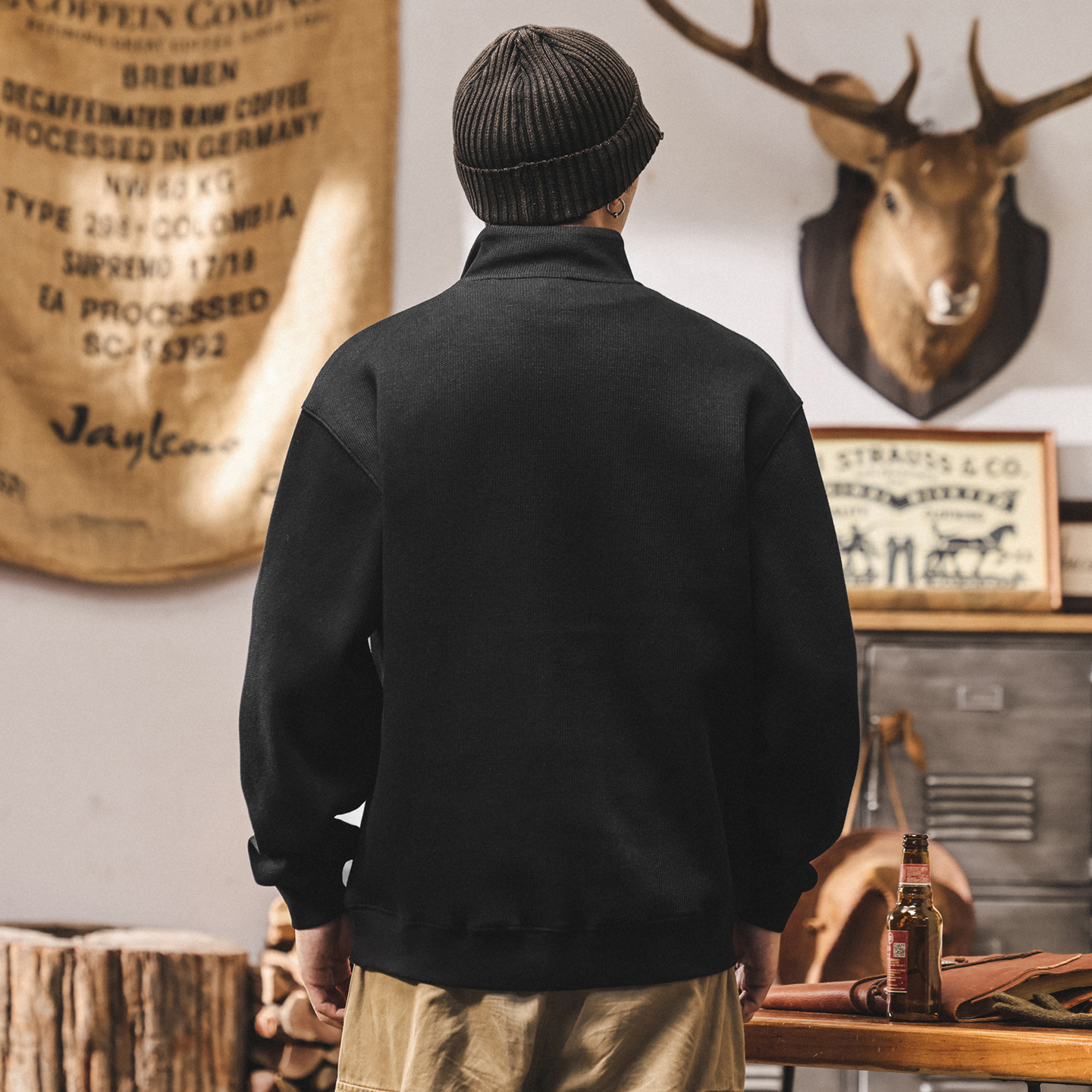 美式復古半拉鍊黑色衛衣男春秋寬鬆新款400g重磅潮牌男士秋季外套