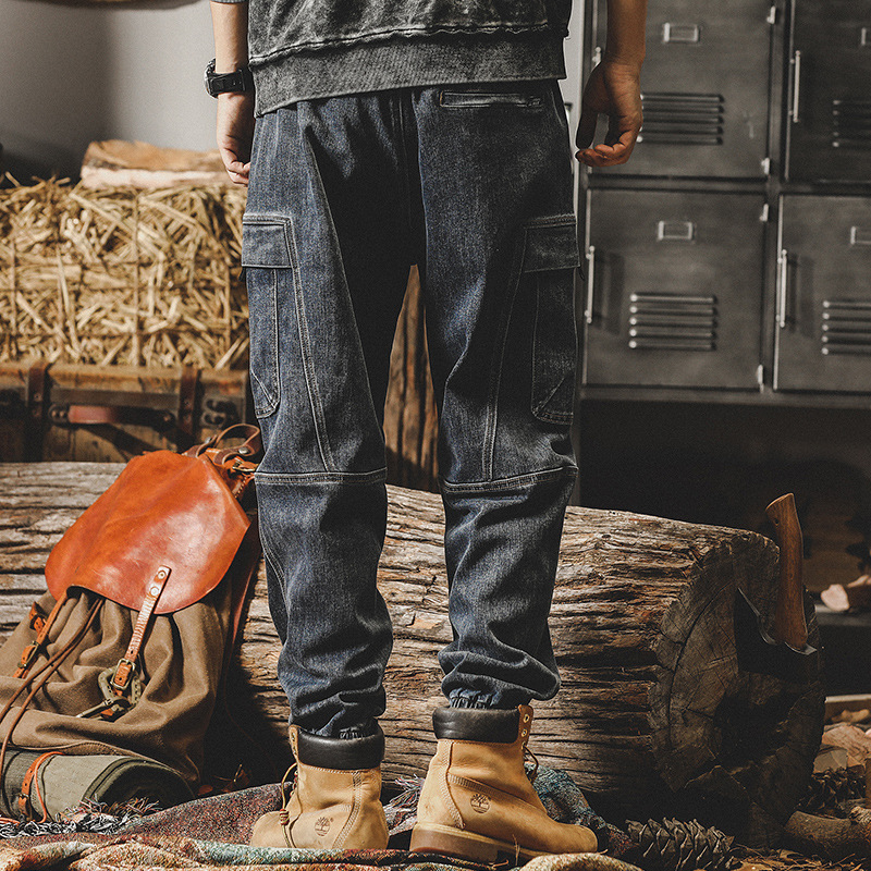 美式重磅復古工裝褲子男寬鬆潮牌潮流牛仔褲男春秋季束腳哈倫褲男