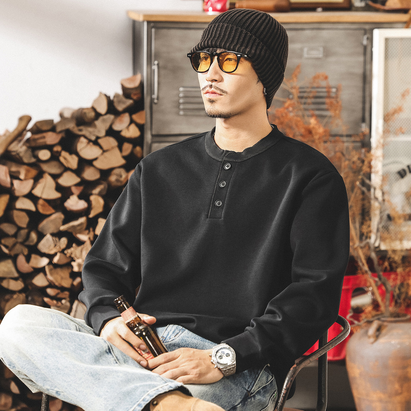 美式復古亨利領衛衣男2026新款春季300g重磅寬鬆休閒男士長袖上衣