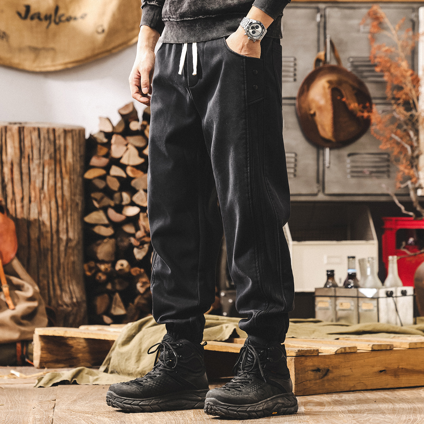 美式復古重磅加絨褲子男款冬季潮牌運動束腳衛褲男寬鬆加厚休閒褲