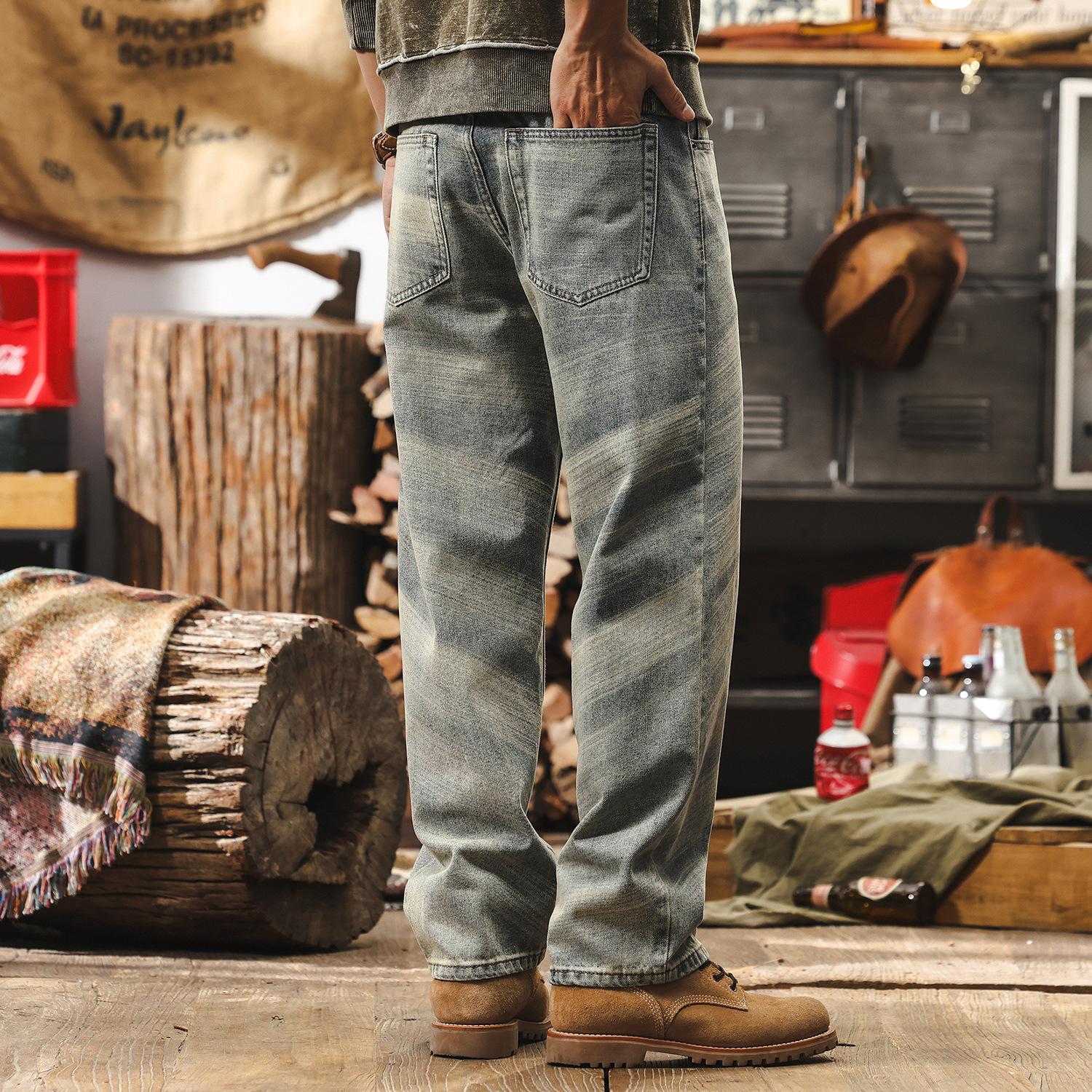 美式復古牛仔褲男直筒油刷馬騮做舊水洗高街男生休閒褲子潮牌男褲