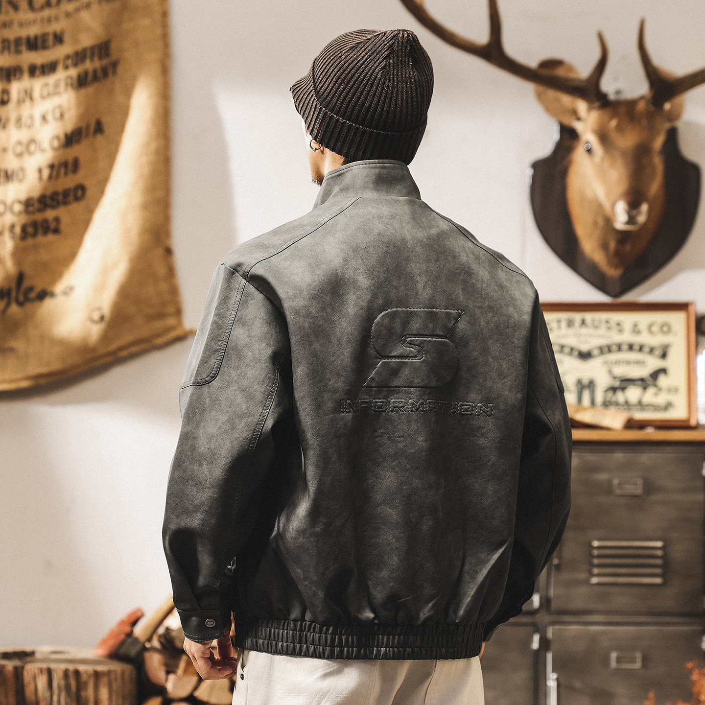 美式復古髒染啞光PU皮衣外套男春秋新款痞帥潮流機車立領皮夾克男