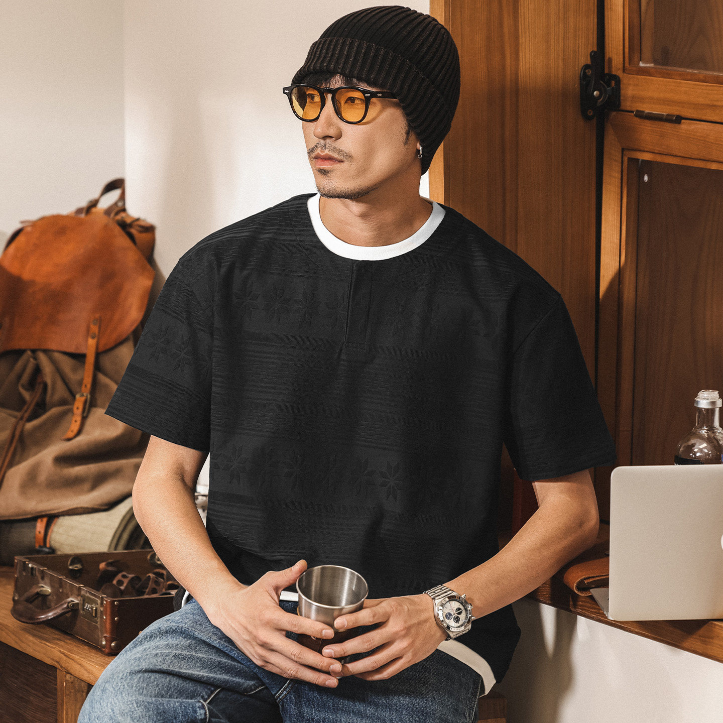 費爾島提花短袖T恤男夏季新款潮流美式復古假兩件寬鬆休閒上衣男