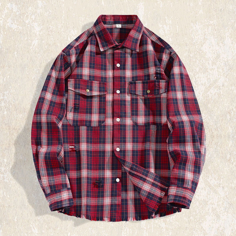 美式復古18支高密粗紡戰損破洞襯衫男長袖秋季潮牌寬鬆格子襯衣男