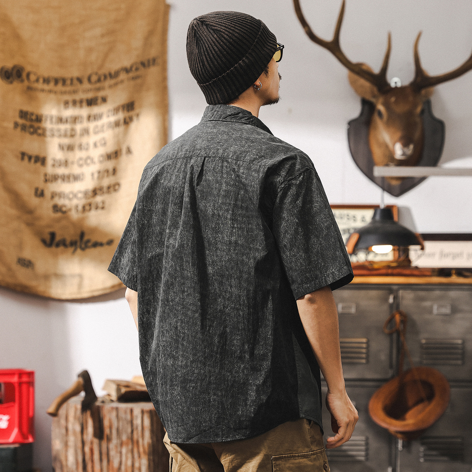 美式復古山系戶外薄款工裝短袖襯衫男夏季2025新款寬鬆休閒襯衣男