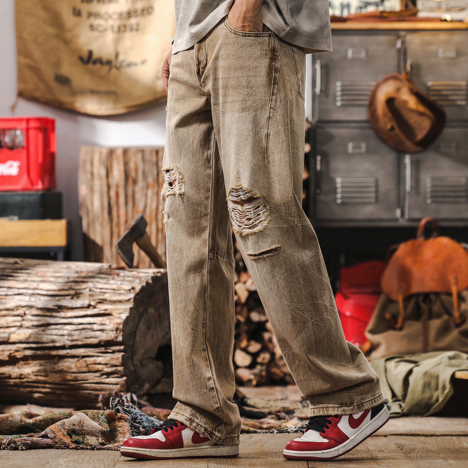 美式復古扎花水洗薄款牛仔褲男春夏季寬鬆直筒潮牌乞丐破洞長褲子