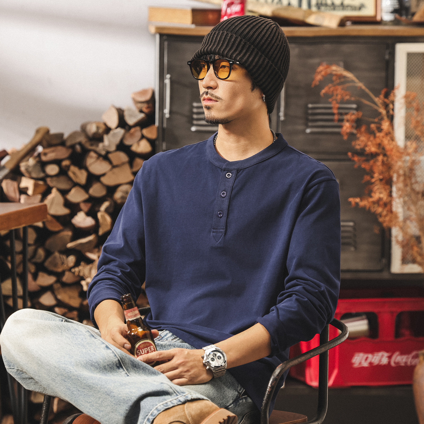 美式復古磨毛輕柔亨利領polo衫男新款長袖t恤男春秋寬鬆上衣