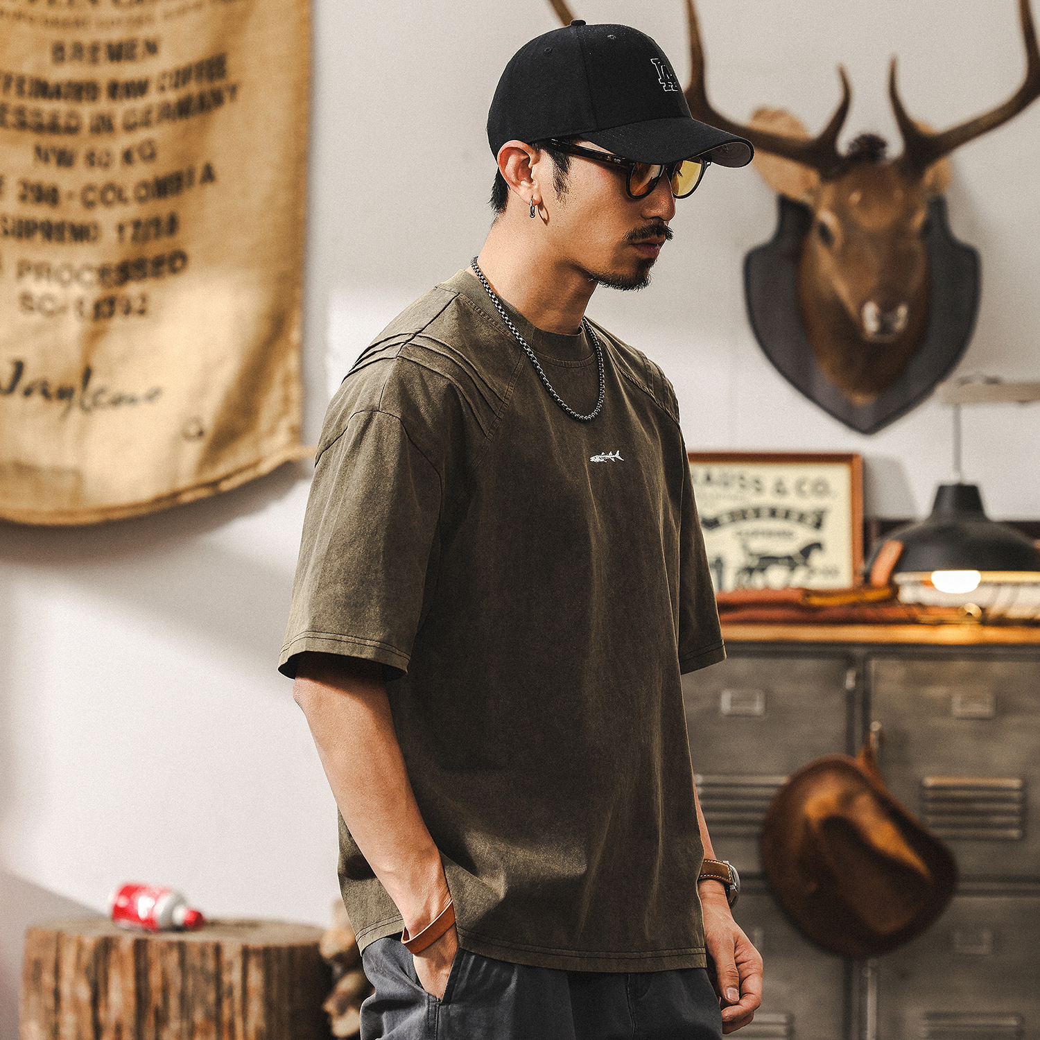 美式復古短袖男潮牌男士T恤2025新款夏季硬漢水洗寬鬆上衣男