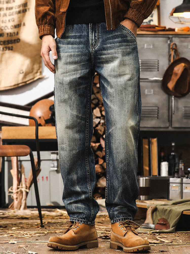 美式復古重磅做舊秋季牛仔褲男寬鬆直筒工裝褲子男潮牌休閒長褲男