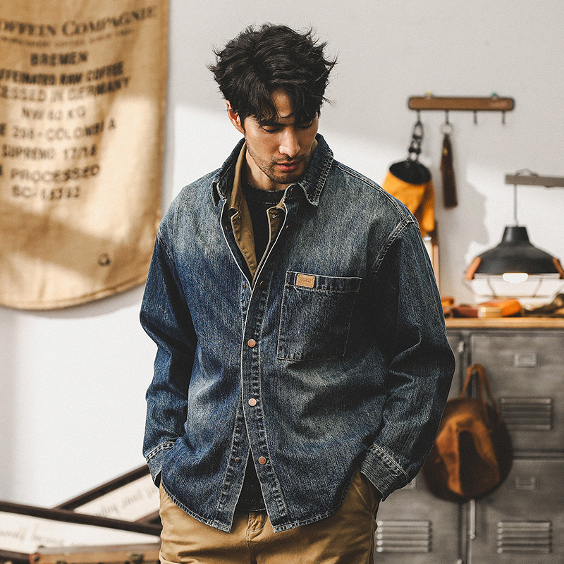 美式重磅竹節棉牛仔外套男款春秋潮牌紋理磨白寬松休閑長袖襯衫男