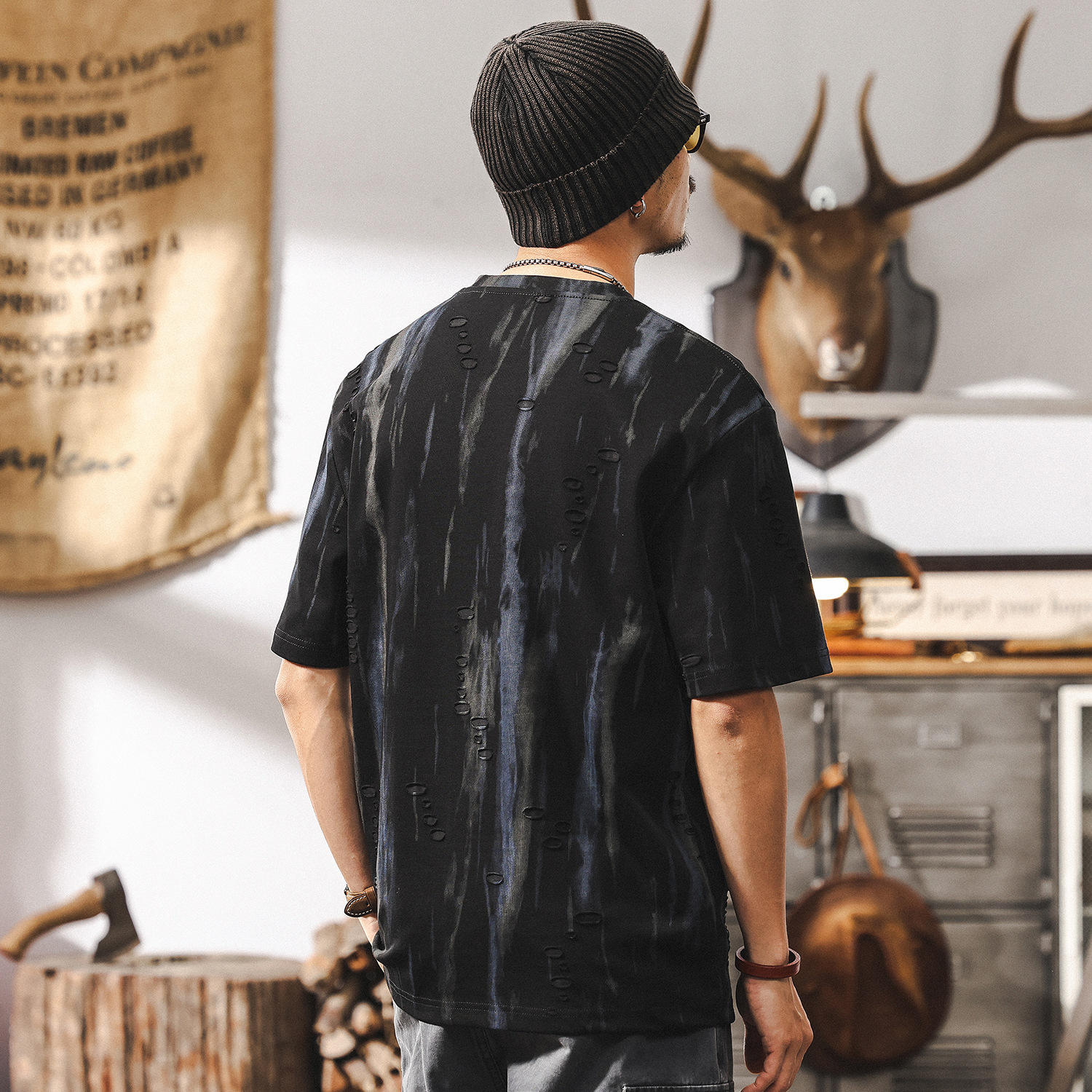 高級感夢幻雲染提花短袖T恤男夏季美式復古潮牌痞帥寬鬆男士上衣