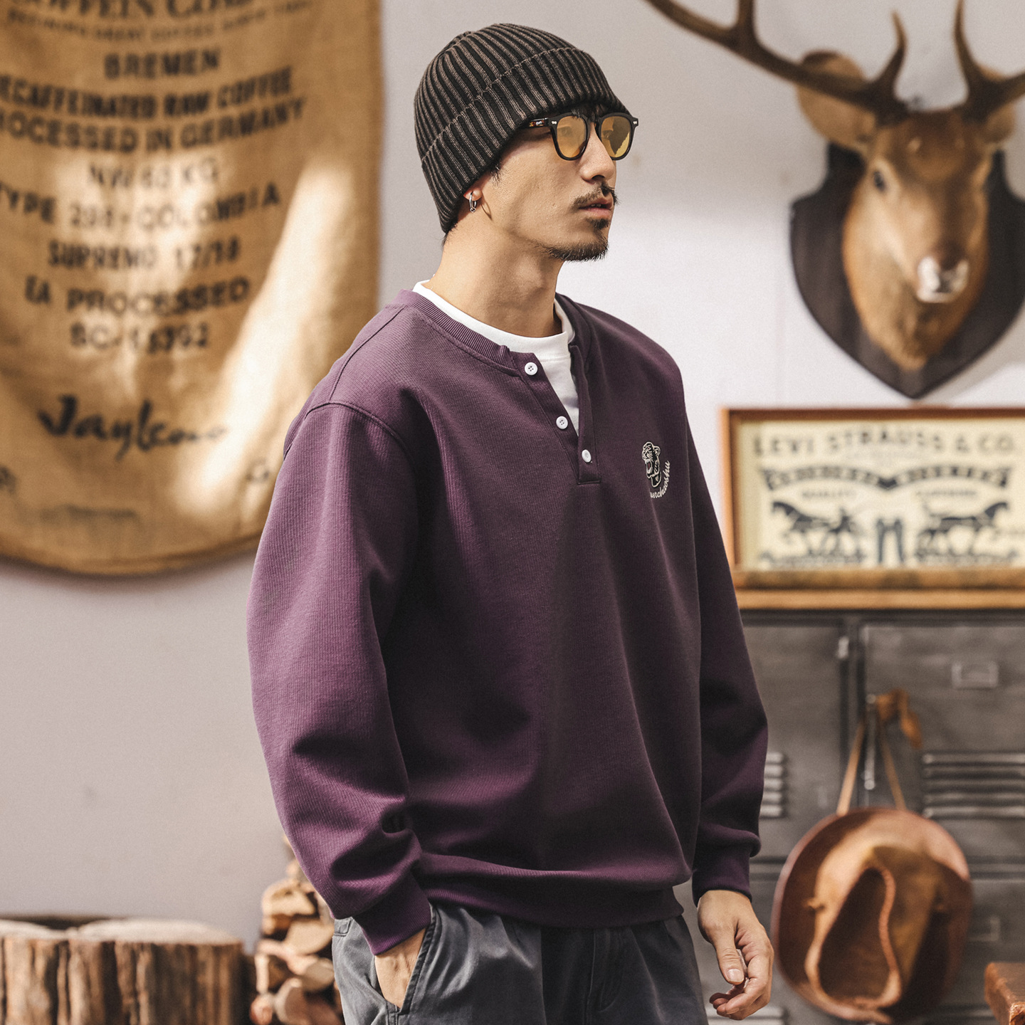 美式復古假兩件衛衣男潮牌2025新款春秋重磅寬鬆亨利領紫色上衣男